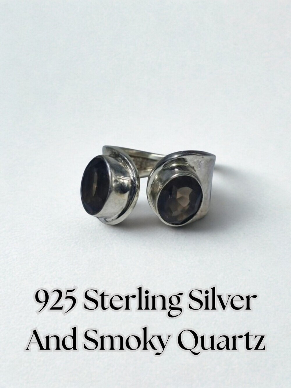 925 Sterling Silver Double Smoky Quartz Ring - Size 8
